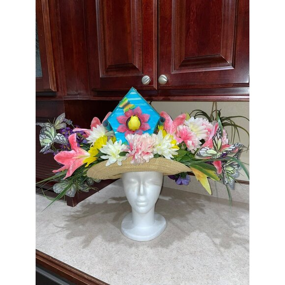 Kentucky Derby Handmade Floral Wide-Brim Straw Hat With Vibrant Flowers Butterfl - Picture 10 of 11